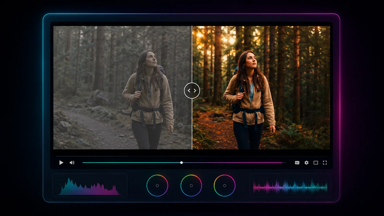 Before and after color grading comparison interface